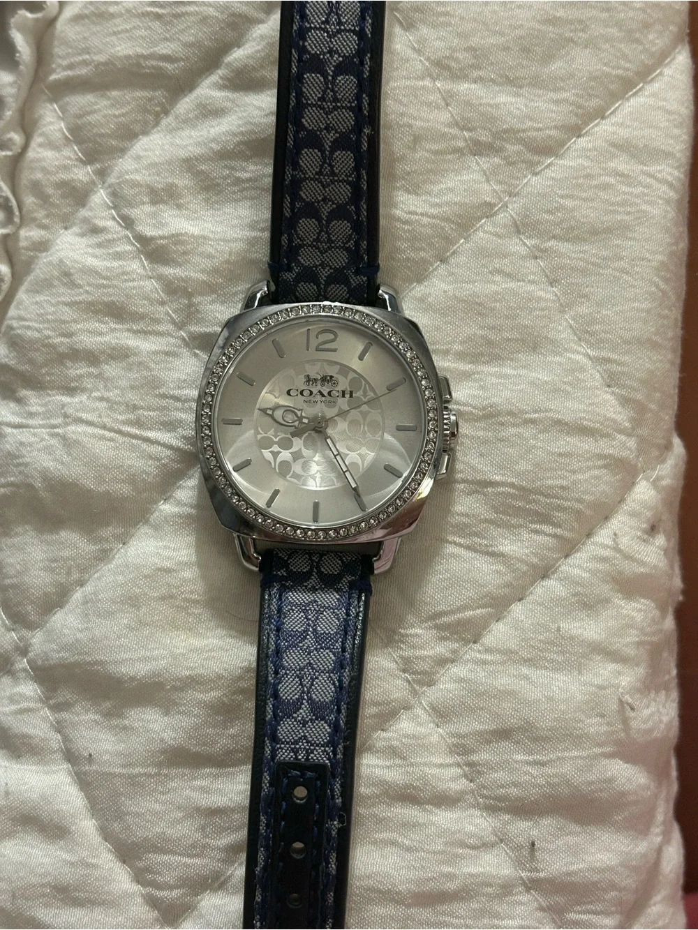 Coach Women's Silver Dial Watch with Blue Signature Strap